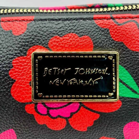 Betsey Johnson Black Floral Printed Large Zip Pouch - Picture 10 of 11